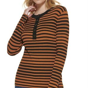 Karl Lagerfeld Black and Orange Striped Long Sleeve Tee